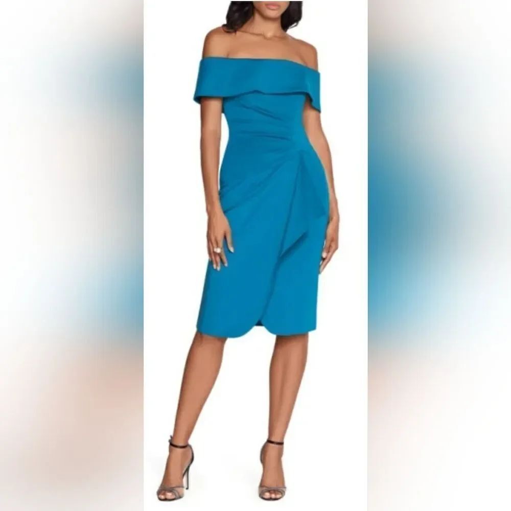 Xscape 3759 Off the Shoulder Ruched Scuba Cocktail Dress NWOT sz 6,12 Teal Blue